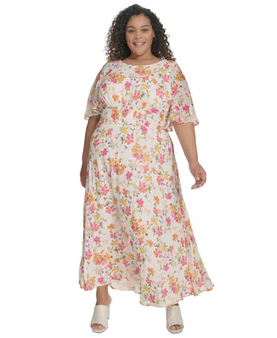 Calvin Klein Plus Size Floral-print Flutter-sleeve Maxi Dress In Berry Multi