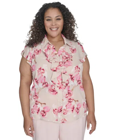 Calvin Klein Plus Size Floral Ruffle-front Blouse In Soft Taupe Multi