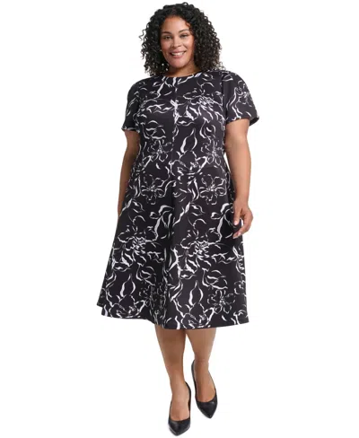 Calvin Klein Plus Size Floral-print A-line Short-sleeve Midi Dress In Black