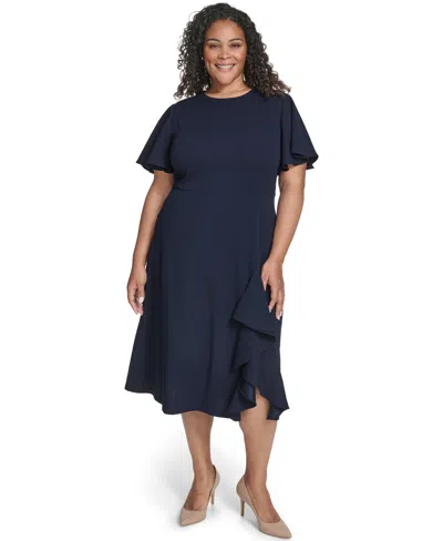 Calvin Klein Plus Size Flutter Sleeve Round Neck Midi Dress In Purple