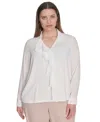 Calvin Klein Plus Size Georgette Long-sleeve Ruffle-front Blouse In White