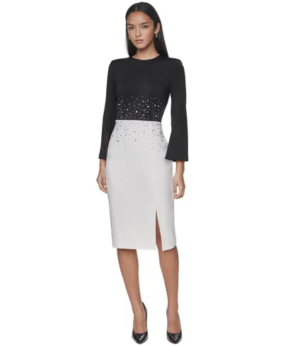 Calvin Klein Plus Size Heat Fix Detail Embellished Bell-sleeve Midi Dress In Black