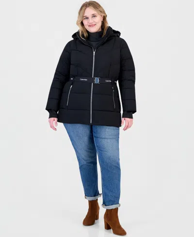 Calvin Klein Plus Size Hooded Belted Thumbhole Puffer Coat In Black