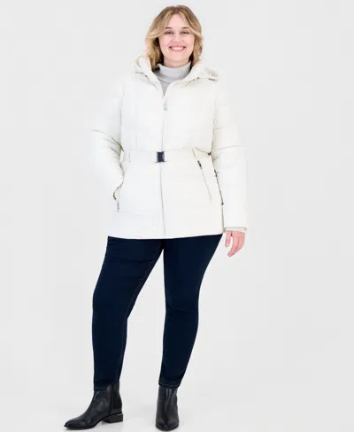 Calvin Klein Plus Size Hooded Belted Thumbhole Puffer Coat In White