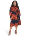 Calvin Klein Plus Size Long-sleeve Printed Midi Dress In Multi