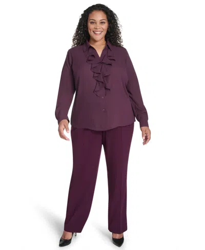 Calvin Klein Plus Size Long Sleeve Ruffle Front Top In Purple