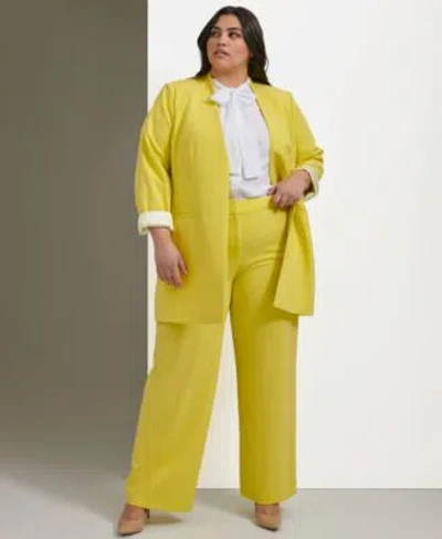 Calvin Klein Plus Size Lux Open Front Jacket Tie Neck Flutter Sleeve Top Lux Highline Tab Waist Pants In Pear
