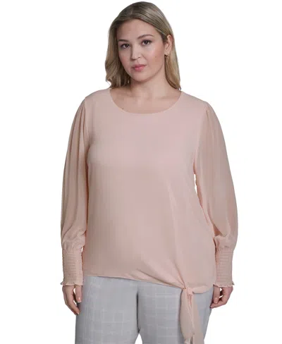 Calvin Klein Plus Size Mixed Media Long-sleeve Top In Pink