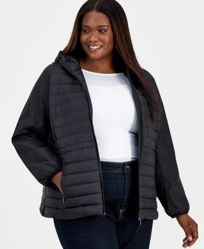 Calvin Klein Plus Size Mixed-media Packable Coat In Black