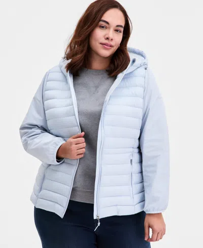 Calvin Klein Plus Size Mixed-media Packable Coat In Blue