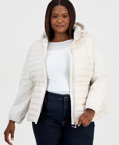 Calvin Klein Plus Size Mixed-media Packable Coat In Gray