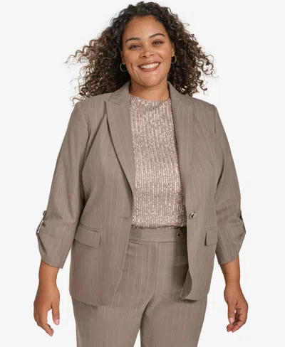Calvin Klein Plus Size Notch-collar Scrunch-sleeve Jacket In Oyster Multi