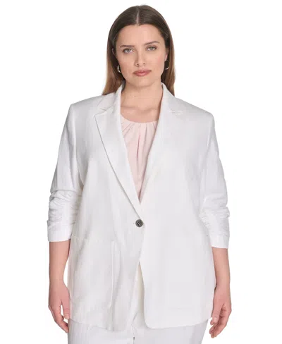 Calvin Klein Plus Size Notched Collar Ruched-sleeve Blazer In White