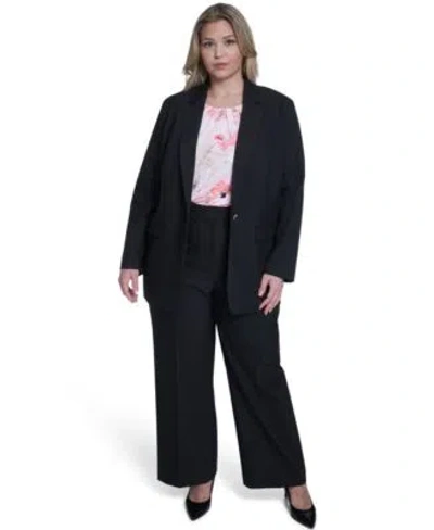 Calvin Klein Plus Size One Button Notch Collar Jacket Stripe Wide Leg Pants In Black