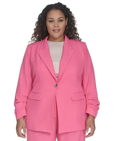 Calvin Klein Plus Size One-button Ruched-sleeve Jacket In Peony