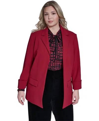 Calvin Klein Plus Size Open Front Rollback Cuff Jacket In Red