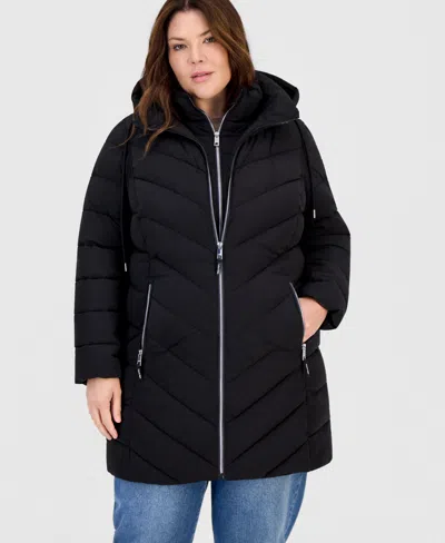 Calvin Klein Plus Size Packable Hooded Puffer Coat In Black