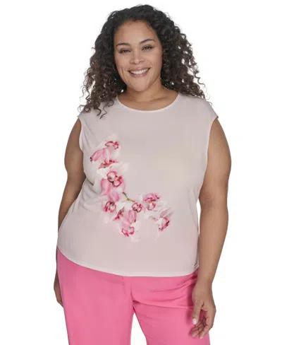 Calvin Klein Plus Size Placed-floral Sleeveless Top In Soft Taupe Multi