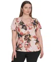 Calvin Klein Plus Size Placed-print Flutter-sleeve Top In Brown