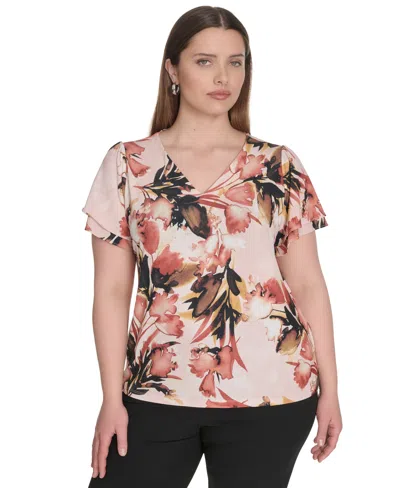 Calvin Klein Plus Size Placed-print Flutter-sleeve Top In Brown