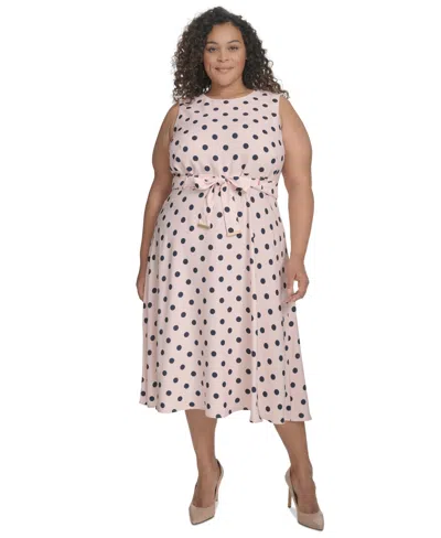 Calvin Klein Plus Size Polka-dot Belted Midi Dress In Blossom Indigo