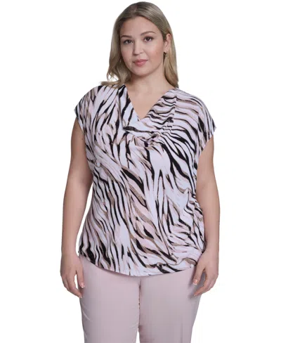 Calvin Klein Plus Size Printed Cap Sleeve Cowl Neck Top In Multi