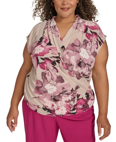 Calvin Klein Plus Size Printed Cap-sleeve Faux-wrap Top In Oyster Multi