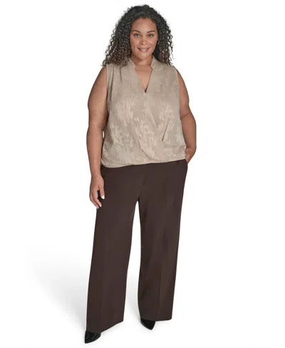 Calvin Klein Plus Size Printed Faux-wrap Sleeveless Blouse In Brown