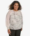 Calvin Klein Plus Size Printed Long-sleeve Blouse In Cream Multi