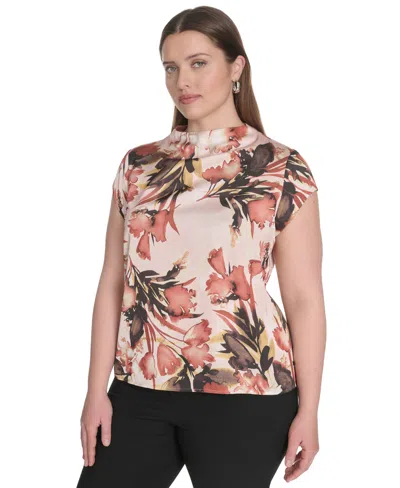 Calvin Klein Plus Size Printed Mock-neck Cap-sleeve Top In Multi