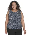 Calvin Klein Plus Size Printed Pleat Neck Sleeveless Top In Navy,cream