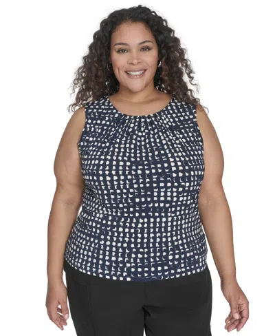 Calvin Klein Plus Size Printed Pleat Neck Sleeveless Top In Navy,cream