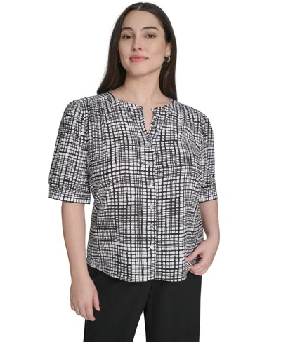 Calvin Klein Plus Size Printed Short-sleeve Button-down Blouse In Gray