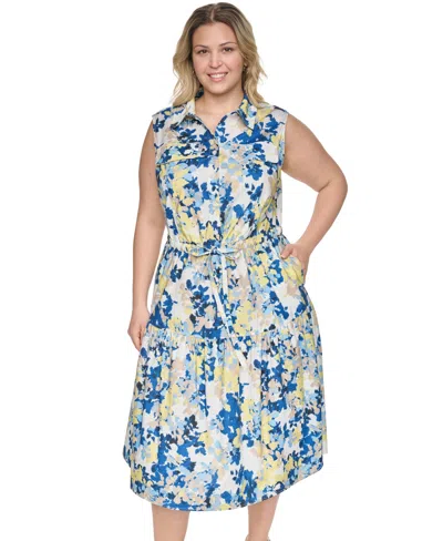 Calvin Klein Floral Cap Sleeve A-line Midi Dress In Multi