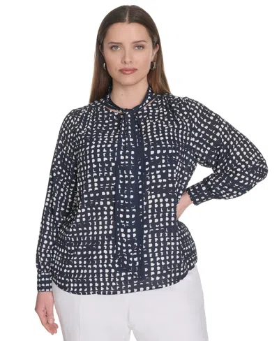 Calvin Klein Plus Size Printed Tie-neck Long-sleeve Blouse