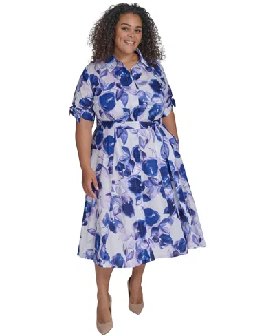Calvin Klein Plus Size Printed Tie-waist Cotton Shirtdress In Opal Multi