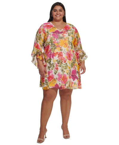 Calvin Klein Plus Size Printed V-neck Bell-sleeve Shift Dress In Berry Multi