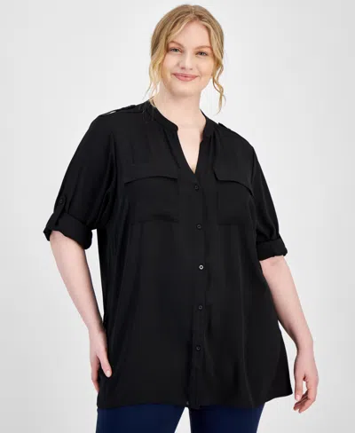 Calvin Klein Plus Size Roll-tab-sleeve Button-front Shirt In Black