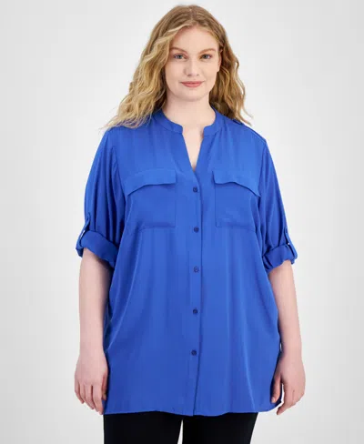 Calvin Klein Plus Size Roll-tab-sleeve Button-front Shirt In Dazzling Blue