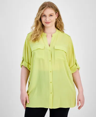 Calvin Klein Plus Size Roll-tab-sleeve Button-front Shirt In Pear