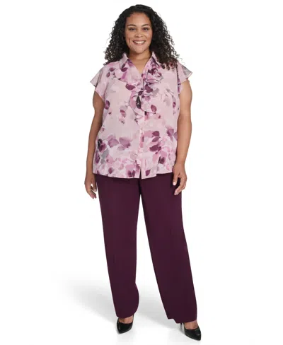 Calvin Klein Plus Size Ruffle Front Short Sleeve Top In Purple