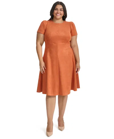 Calvin Klein Plus Size Short Sleeve Fit And Flare Dress In Brown