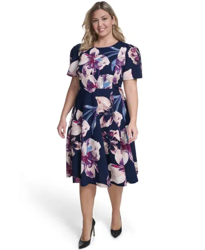 Calvin Klein Plus Size Short-sleeve Fit & Flare Midi Dress In Blue
