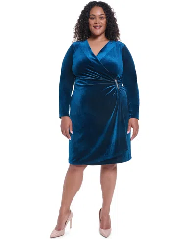 Calvin Klein Plus Size Side Bar Velvet Wrap V-neck Dress In Blue