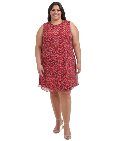 Calvin Klein Plus Size Sleeveless Printed Chiffon Dress In Hibiscus Multi
