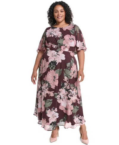 Calvin Klein Plus Size Smocked-waist Chiffon Floral Midi Dress In Multi