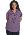 Calvin Klein Plus Size Solid Cap Sleeve Ruffle Front Top In Purple