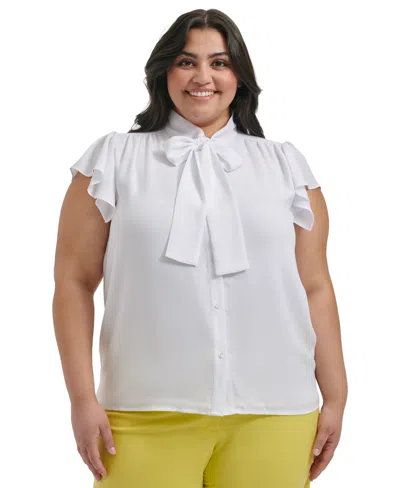 Calvin Klein Plus Size Solid-color Tie Cap-sleeve Blouse In White