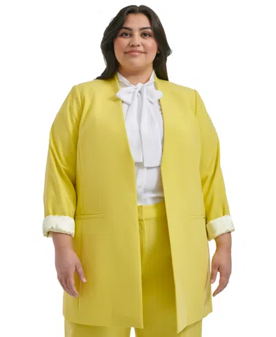 Calvin Klein Plus Size Solid Open Front Topper Jacket In Pear