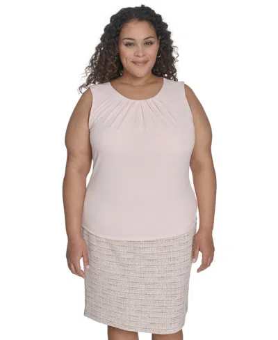 Calvin Klein Plus Size Solid Pleated-neck Sleeveless Top In Parfait